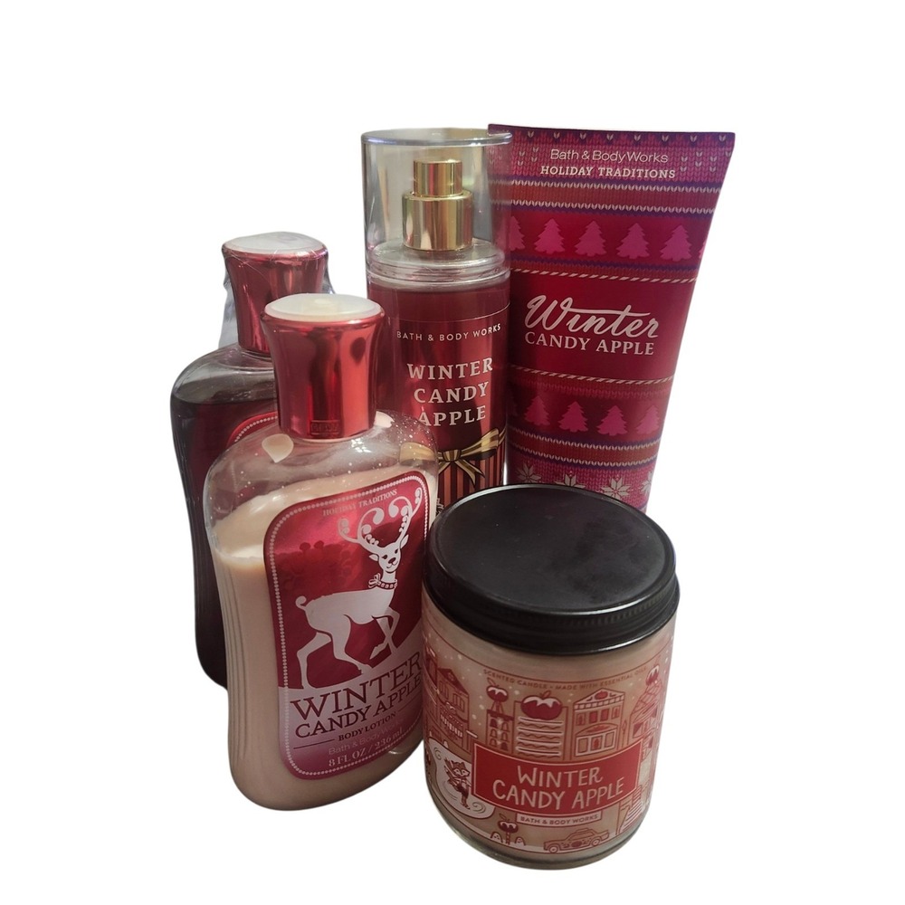 Bath & Body Works Winter Candy Apple 5 Pc Set Candle Mist Lotion Cream Gel
